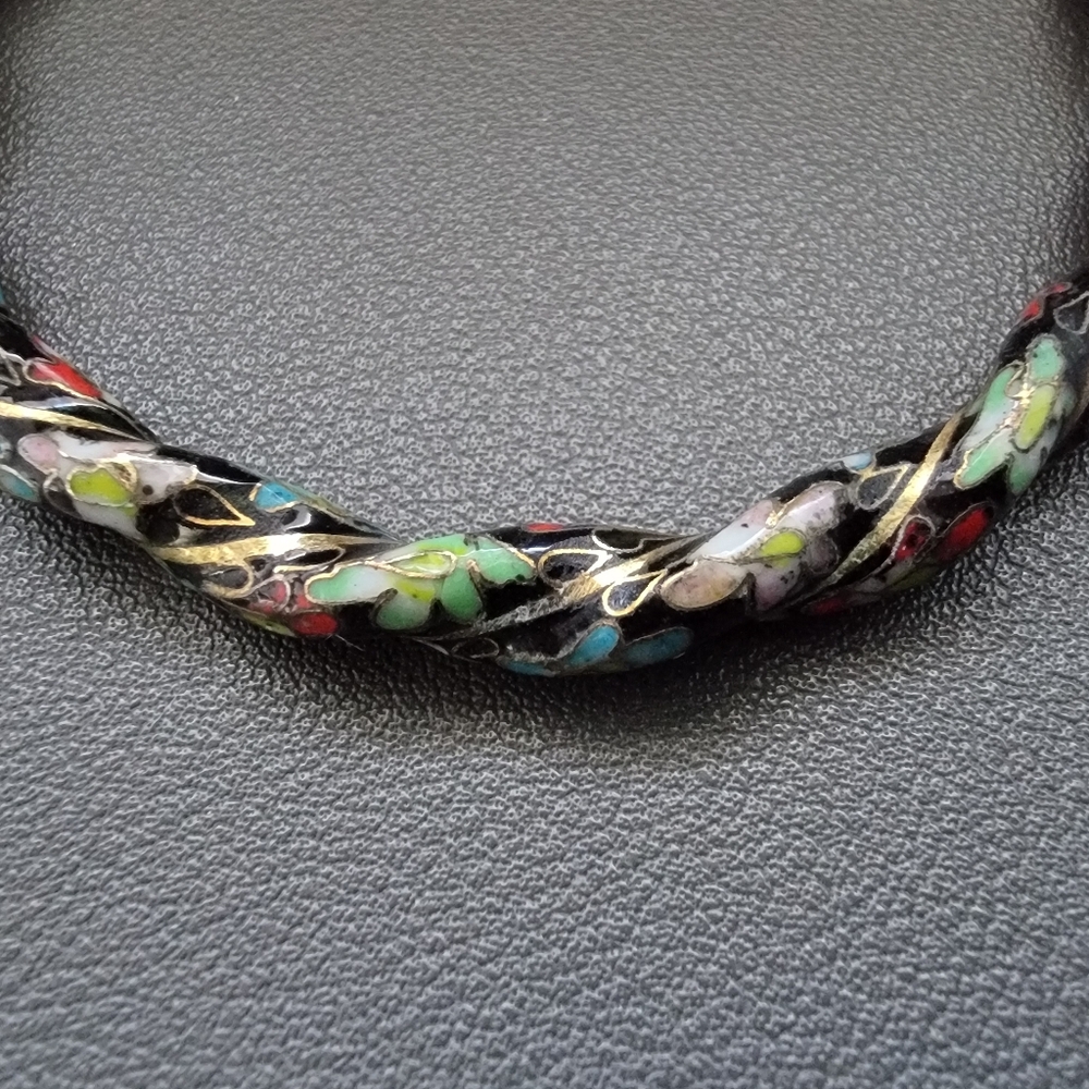 Vintage Twisted Cloisonné Enamel Bangle – Floral Black Gold Stack - Picture 2 of 7
